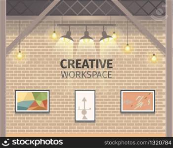 Modern Creative Freelance Working Studio Banner. Coworking Open Workspace for Work and Study. Shared Workplace with Picture on Brick Wall ang Light. Flat Cartoon Vector Illustration. Modern Creative Freelance Working Studio Banner