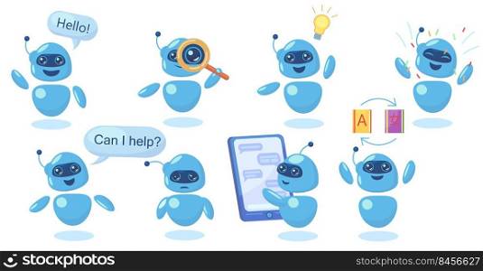 Modern cute chatbot in different poses flat illustration set. Cartoon friendly robot for mobile app isolated vector illustration collection. Conversation and AI intelligence concept