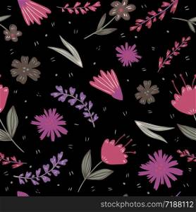 Modern cute forest little flowers and leaves seamless pattern on black background. Folk floral wallpaper. Design for book covers, graphic art, wrapping paper, fabric, textile. Vector illustration. Modern cute forest little flowers and leaves seamless pattern on black background. Folk floral wallpaper.
