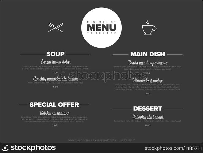Modern dark minimalistic restaurant menu template design layout with nice typography