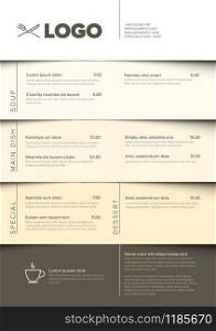 Modern dark minimalistic restaurant menu template with colorful meals blocks - A4 layout with nice typography