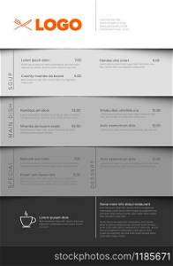 Modern dark minimalistic restaurant menu template with colorful meals blocks - A4 layout with nice typography