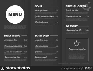 Modern dark minimalistic restaurant menu template with three columns design layout and nice typography