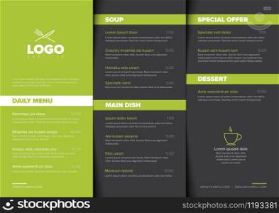 Modern dark minimalistic restaurant menu template with three columns design layout, green accent and nice typography. Modern minimalistic restaurant menu template