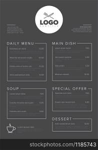 Modern dark minimalistic restaurant menu template with two columns design A4 layout and nice typography. Modern minimalistic restaurant menu template