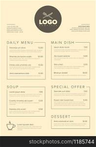 Modern dark minimalistic restaurant menu template with two columns design A4 layout and nice typography