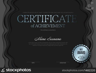 Modern dark silver horizontal certificate of achievement template with place for your content with paper cut effect. Modern horizontal certificate template layout
