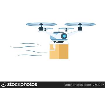 Modern Delivery Air Drone Flying with Package Box. Fast Future Transportation Technology. Factory Warehouse Shipping Device for Mail, Parcel or Goods. Flat Cartoon Vector Illustration. Modern Delivery Air Drone Flying with Package Box