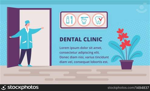Modern Dental Clinic, Stomatology Service, Dentist Private Practice Trendy Flat Vector Advertising Banner, Promo Poster Template. Doctor or Nurse Character in Uniform Welcoming Clients Illustration