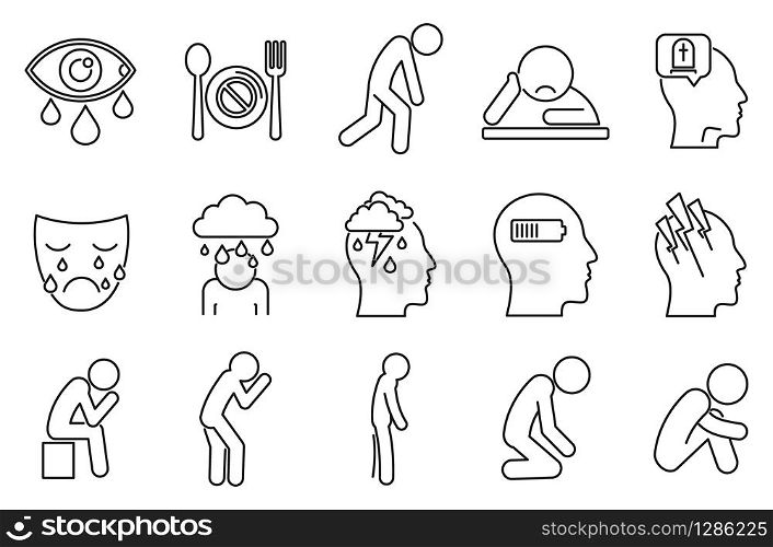 Modern depression icons set. Outline set of modern depression vector icons for web design isolated on white background. Modern depression icon set, outline style