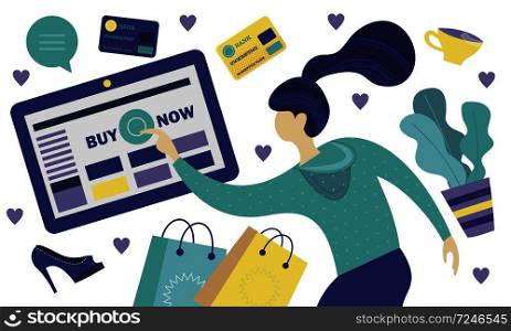 Modern design concept of flat web pages to a web site and mobile web site. Girl with a computer shopping in the online store. Vector illustration.. Online shopping. Vector illustration. Website page template, banner, advertising flye