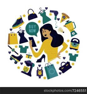 Modern design concept of flat web pages to a website and mobile website. Girl with a computer shopping in the online store. Vector illustration.. Online shopping. Vector illustration. Website page template, banner, advertising flye
