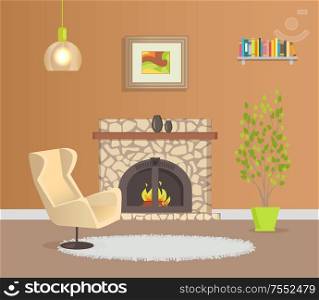 Modern design of flat with brown wallpaper vector. Armchair and grey mat near burning fireplace decorated with vase. Houseplant near shelf with books. Modern Design of Flat with Brown Wallpaper Vector
