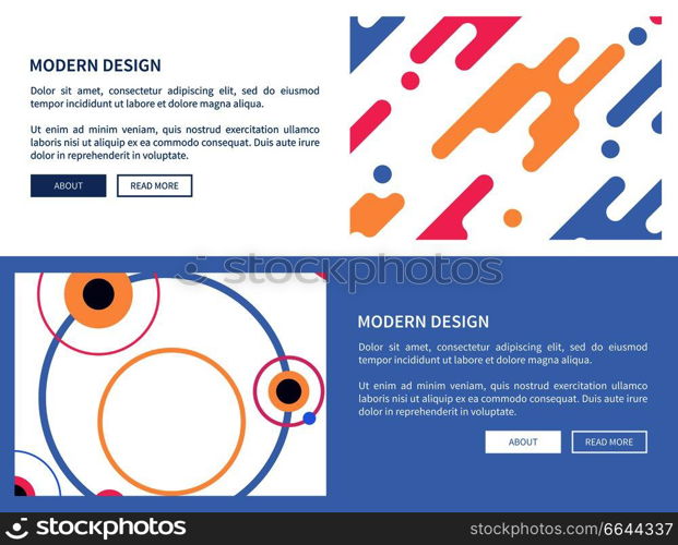 Modern design pages with images of lines and circles, and text s&le with headline and buttons placed in frame vector illustration. Modern Design with Buttons Vector Illustration