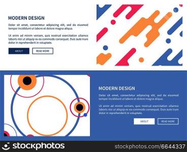 Modern design pages with images of lines and circles, and text s&le with headline and buttons placed in frame vector illustration. Modern Design with Buttons Vector Illustration