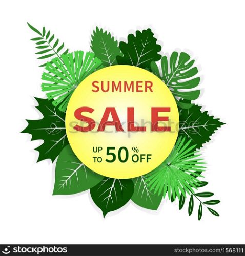 Modern design template summer sale on a white background. Dynamic business sale banners special offer, advertising marketing, commerce template with leaves end of season. Vector illustration set.