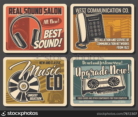 Modern devices and technology services vector retro posters. Dj sound equipment and music CD records shop, phone and communication networks installation. Computer device, software upgrade. Modern devices and technology services
