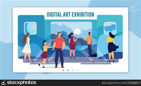 Modern Digital Art Exhibition Banner. Father with Daughter Visiting Museum, People Looking on Abstract Drawings, Visual Performance Elements on Interactive Screens Trendy Flat Vector Illustration