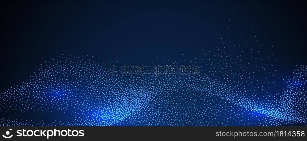 Modern digital background. Particles glowing wave, technology or science banner. Light dots sound flowing vector illustration. Glow data futuristic dots, abstraction effect surface wave. Modern digital background. Particles glowing wave, technology or science banner. Light dots sound flowing vector illustration