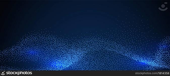 Modern digital background. Particles glowing wave, technology or science banner. Light dots sound flowing vector illustration. Glow data futuristic dots, abstraction effect surface wave. Modern digital background. Particles glowing wave, technology or science banner. Light dots sound flowing vector illustration