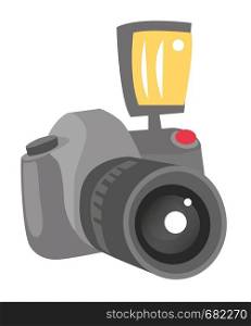 Modern digital photo camera with lens and flash vector cartoon illustration isolated on white background.. Digital photo camera vector cartoon illustration.