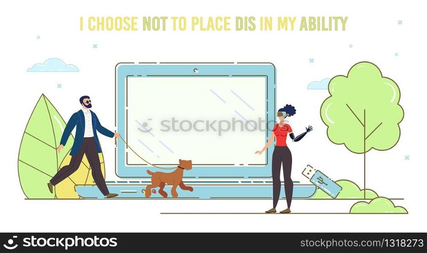 Modern Digital Technologies for Disabled People Trendy Flat Vector Banner, Poster Template. Blind Man Walking with Guide Dog, Woman with Hand Prosthesis Using Virtual Reality Goggles Illustration
