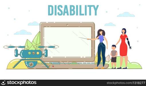 Modern Digital Technologies for People with Disability Trendy Flat Vector Banner, Poster Template. Woman with Pointer Showing Computer, Laptop and Drone for Disabled Woman with Prosthesis Illustration