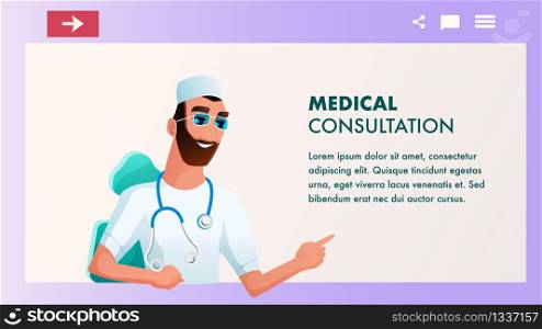 Modern Doctor Wear White Coat Stethoscope Talk. Smiling Male Clinical Worker Character with Beard, Glasses give Medical Consultation, Advice, Information. Cartoon Flat Vector Illustration. Modern Doctor Wear White Coat Stethoscope Talk