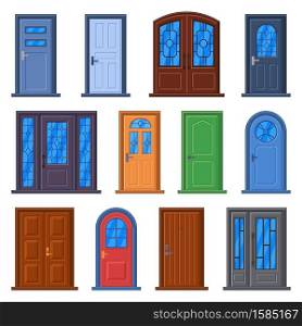 Modern doors. Front entrance doors, house, building or room doorway, closed building exterior and interior doors vector illustration set. Colorful entree with wood and glass windows. Modern doors. Front entrance doors, house, building or room doorway, closed building exterior and interior doors vector illustration set