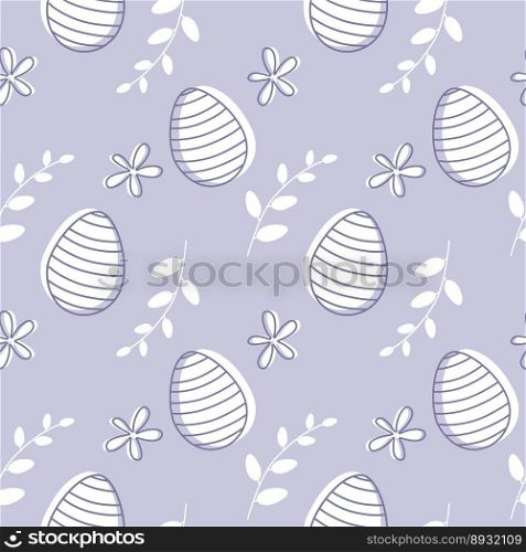 Modern Easter eggs seamless pattern with spring flowers and leaves on pastel purple background. Hand drawn vector illustration.