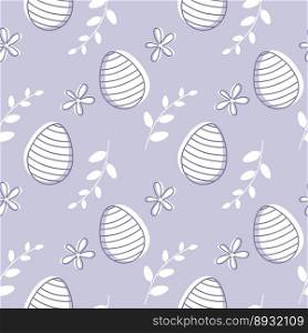 Modern Easter eggs seamless pattern with spring flowers and leaves on pastel purple background. Hand drawn vector illustration.