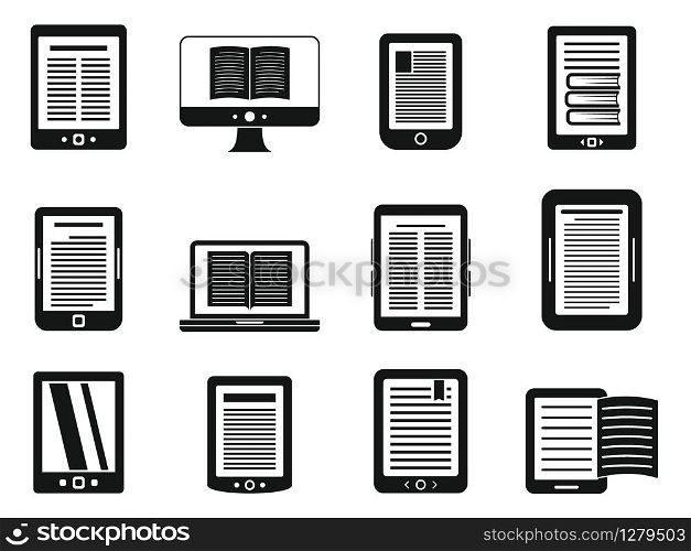 Modern ebook icons set. Simple set of modern ebook vector icons for web design on white background. Modern ebook icons set, simple style