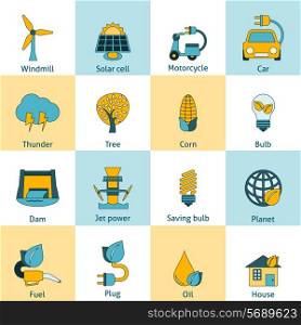 Modern ecologically sustainable energy saving systems flat line icons set with solar cell abstract isolated vector illustration