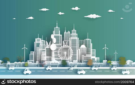 Modern economic city clean in downtown skyscraper background, Eco cityscape building futuristic skyline panorama view, Vector illustration design network communication in city on blue background.