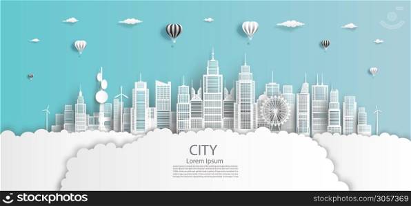 Modern economic city clean in downtown skyscraper background, Eco cityscape building futuristic skyline panorama view, Vector illustration design network communication in city on blue background.