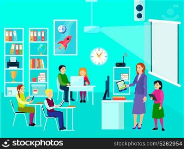 Modern Education Classroom Composition. Composition of modern education teacher and kids characters in classroom interior with flat desk bookshelves images vector illustration