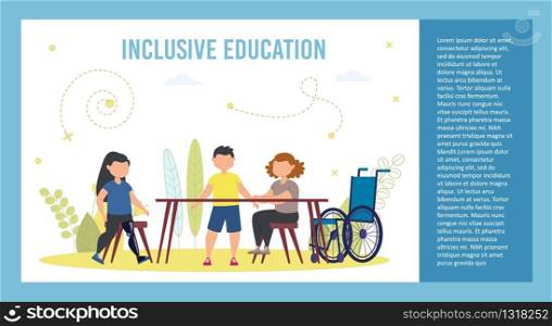 Modern Education Opportunity for Disabled Children Trendy Flat Vector Poster, Brochure or Presentation Slide Template. Schoolchildren with Disabilities and Healthy Kid Learning Together Illustration. Inclusive Education Flat Vector Brochure Template
