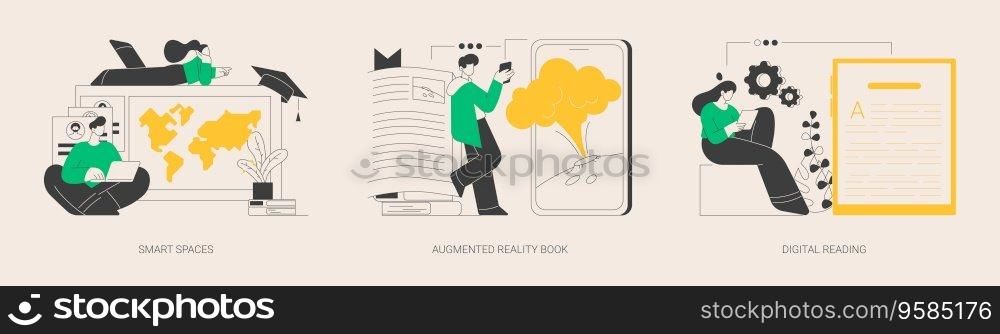 Modern educational technology abstract concept vector illustration set. Smart spaces, augmented reality book, digital reading, AI in education, digital content, e-classroom app abstract metaphor.. Modern educational technology abstract concept vector illustrations.