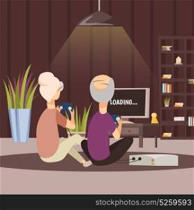 Modern Elderly People And Technology Background . Modern elderly people and technology background with computer games symbols cartoon vector illustration