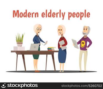 Modern Elderly People Composition. Modern elderly people composition with technology symbols cartoon vector illustration