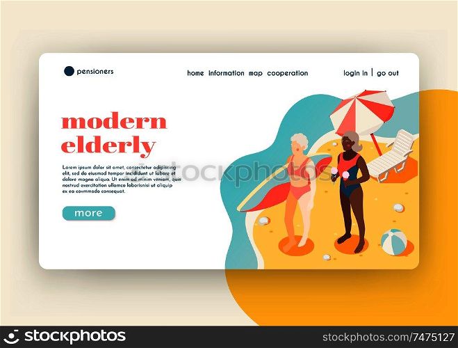 Modern elderly people isometric landing page with two women on south beach who came to surf vector illustration