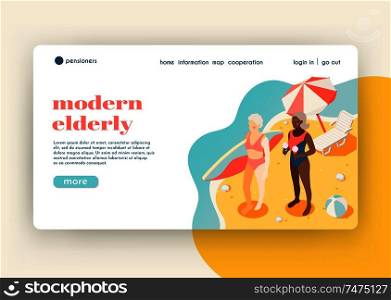 Modern elderly people isometric landing page with two women on south beach who came to surf vector illustration