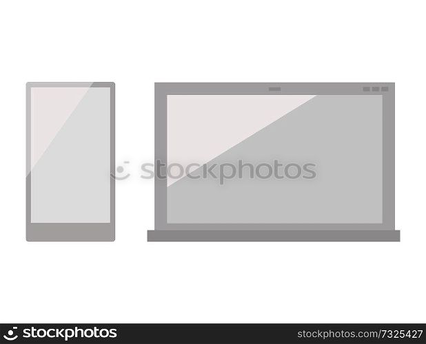 Modern electronic devices in silver corpus set. Thin laptop and smartphone with big screen isolated cartoon vector illustration on white background.. Modern Electronic Devices in Silver Corpus Set