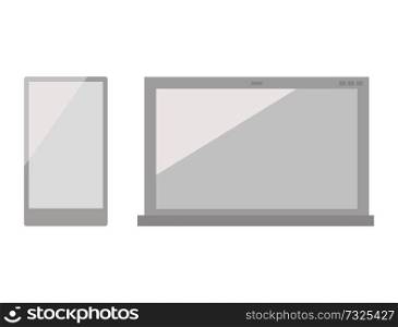 Modern electronic devices in silver corpus set. Thin laptop and smartphone with big screen isolated cartoon vector illustration on white background.. Modern Electronic Devices in Silver Corpus Set