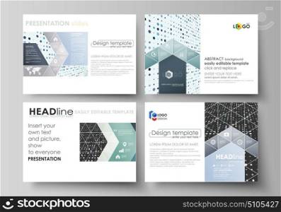 Modern elegant vector design. Business templates for presentation slides. Easy editable abstract layouts in flat style. Soft color dots with illusion of depth and perspective, dotted background.. Set of business templates for presentation slides. Easy editable abstract vector layouts in flat design. Abstract soft color dots with illusion of depth and perspective, dotted technology background. Multicolored particles, modern pattern, elegant texture, vector design.