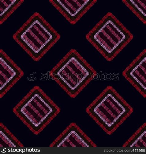 Modern embroidery carpet geometric shape seamless pattern. Tile shapes backdrop. Hand drawn vector illustration. Patchwork ornament.. Modern embroidery carpet geometric shape seamless pattern.