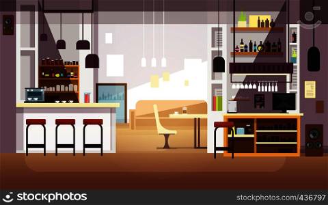 Modern empty bar or coffee shop vector flat interior. Restaurant and coffee shop, cafe indoor room illustration. Modern empty bar or coffee shop vector flat interior