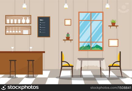 Modern Empty Cafe Restaurant Interior Furniture Flat Vector Illustration