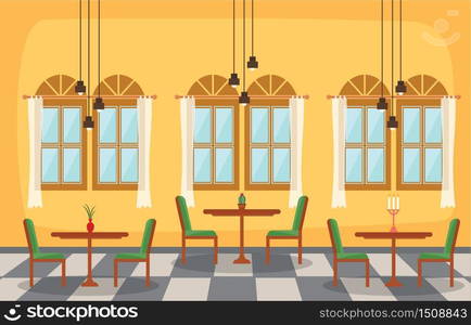 Modern Empty Cafe Restaurant Interior Furniture Flat Vector Illustration