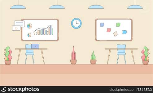 Modern Empty Office Interior in Hi-Tech Style with Large Boards with Charts and Graphs on Wall. Furniture, Plants, Lamps, Computers. No People at Working Place. Cartoon Linear Flat Vector Illustration. Modern Empty Office Interior in Hi-Tech Style.